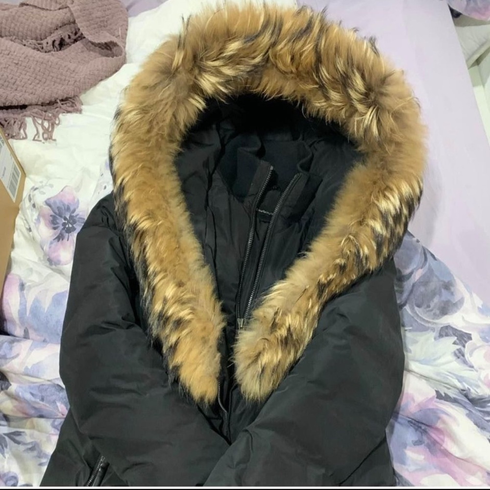 Black long mackage jacket with belt size large!!